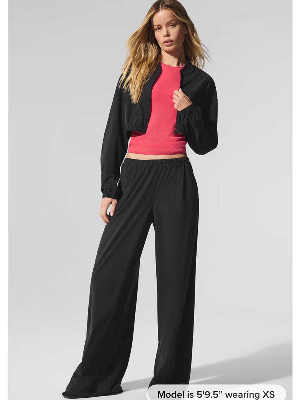 ALO YOGA Breezy 2-Piece Set Cropped Full Zip Jacket-L+ Wide Leg Pants Black-M